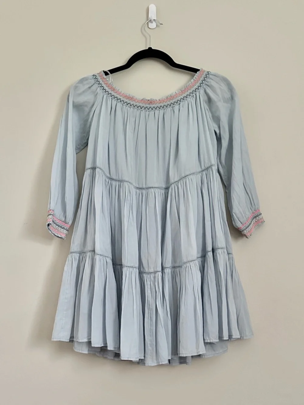 Free People Blue Embroidered Babydoll Mini Dress XS Boho Peasant Floral Festival